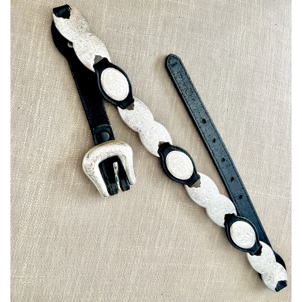 Western Style Black Genuine Leather Cinch Belt Silver Embossed Disks-Size 28